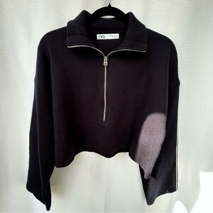 ZARA - Black Cropped Half-Zip Pullover with Side Stripe